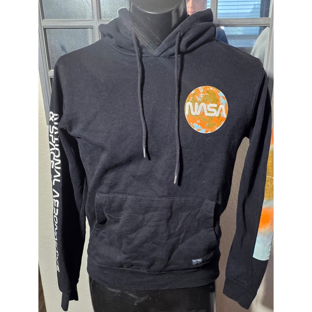 NASA Graphic Hoodie Black Planetary Worm Logo Sleeve Print Sweatshirt Mens S